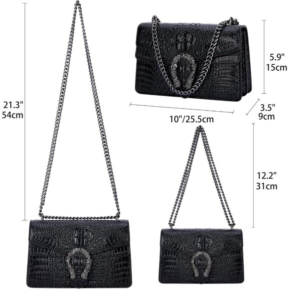 ⚡ Women's Crocodile Black Snake Leather Print Casual Satchel Crossbody Handbag - Picture 5 of 7